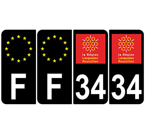Supstick 4 Stickers Autocollants Plaques Immatriculation Auto Dept 34 Languedoc Roussillon Noir Angles Arrondis