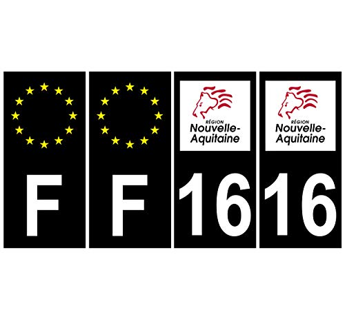 Supstick 4 Stickers Autocollants Plaques Immatriculation Auto Dept 16 Nouvelle Aquitaine Noir Angles Carrés