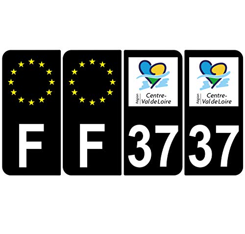 Supstick 4 Stickers Autocollants Plaques Immatriculation Auto Dept 37 Centre Val de Loire Noir Angles Arrondis