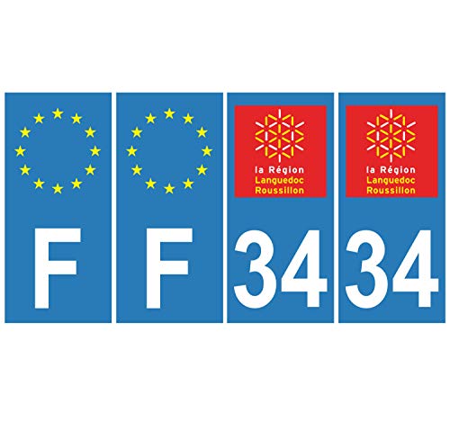 Supstick 4 Stickers Autocollants Plaques Immatriculation Auto Dept 34 Languedoc Roussillon Bleu Clair Angles Carrés