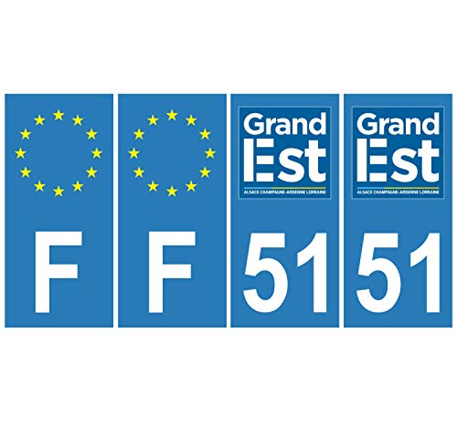 Supstick 4 Stickers Autocollants Plaques Immatriculation Auto Dept 51 Grand Est Bleu Clair Angles Carrés