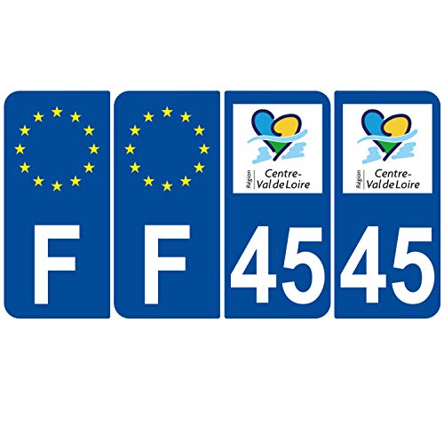 Supstick 4 Stickers Autocollants Plaques Immatriculation Auto Dept 45 Centre Val de Loire Bleu Foncé Angles Arrondis