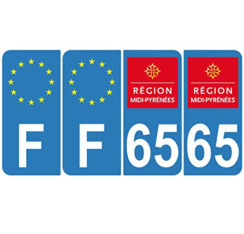 Supstick 4 Stickers Autocollants Plaques Immatriculation Auto Dept 65 Midi Pyrénées Bleu Clair Angles Arrondis