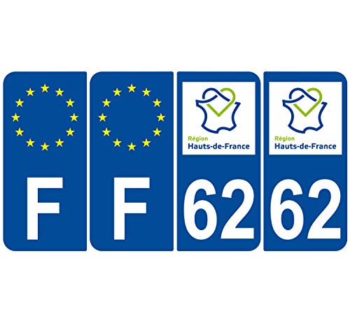 Supstick 4 Stickers Autocollants Plaques Immatriculation Auto Dept 62 Hauts de France Bleu Foncé Angles Arrondis