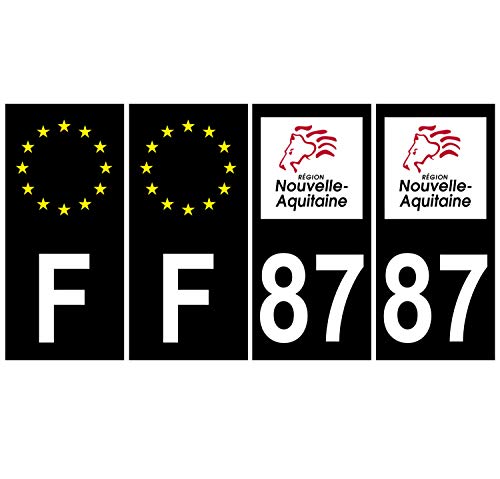 Supstick 4 Stickers Autocollants Plaques Immatriculation Auto Dept 87 Nouvelle Aquitaine Noir Angles Carrés