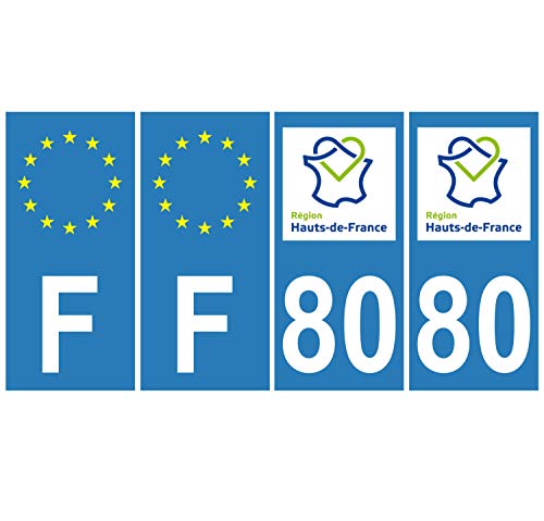 Supstick 4 Stickers Autocollants Plaques Immatriculation Auto Dept 80 Hauts de France Bleu Clair Angles Carrés