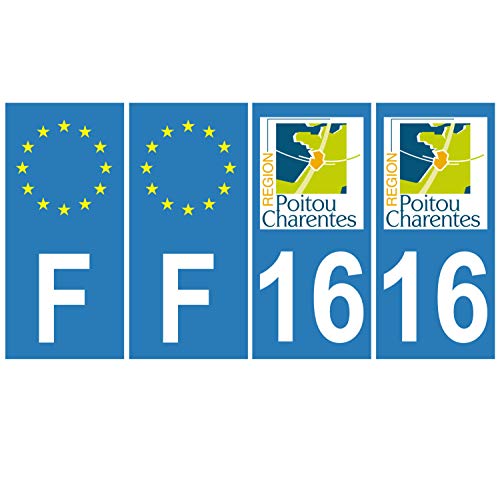Supstick 4 Stickers Autocollants Plaques Immatriculation Auto Dept 16 Poitou Charentes Bleu Clair Angles Carrés