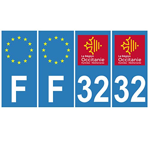 Supstick 4 Stickers Autocollants Plaques Immatriculation Auto Dept 32 Occitanie Bleu Clair Angles Carrés