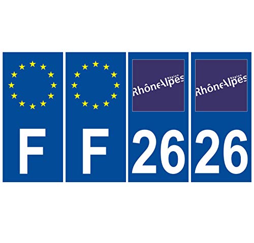 Supstick 4 Stickers Autocollants Plaques Immatriculation Auto Dept 26 Rhône Alpes Bleu Foncé Angles Carrés