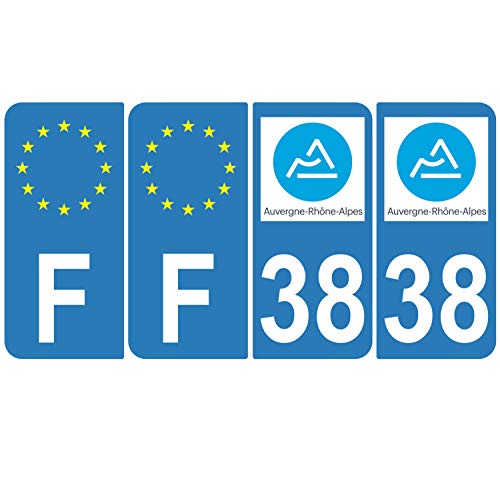 Supstick 4 Stickers Autocollants Plaques Immatriculation Auto Dept 38 Auvergne Rhône Alpes Bleu Clair Angles Arrondis