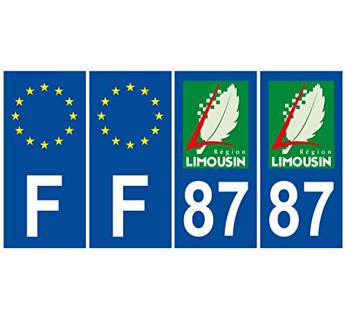 Supstick 4 Stickers Autocollants Plaques Immatriculation Auto Dept 87 Limousin Bleu Foncé Angles Carrés