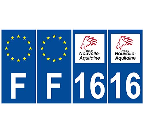 Supstick 4 Stickers Autocollants Plaques Immatriculation Auto Dept 16 Nouvelle Aquitaine Bleu Foncé Angles Carrés