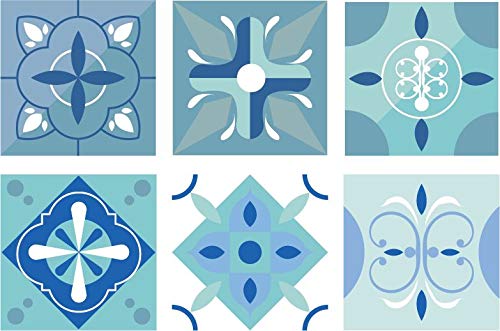 Planche de 6 Adhésif Carrelage - décoration de carreaux - 18 pièces plastifié en mat - mosaïque nuances de bleu et turquoise - format 25x25cm par pièce