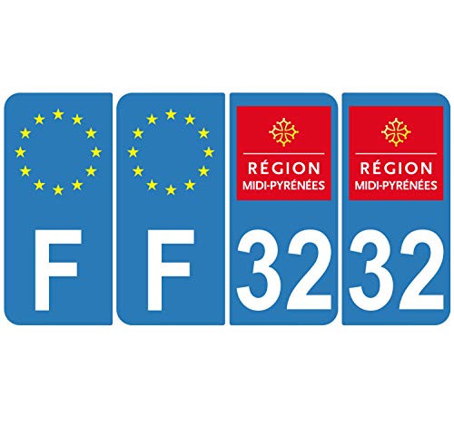 Supstick 4 Stickers Autocollants Plaques Immatriculation Auto Dept 32 Midi Pyrénées Bleu Clair Angles Arrondis