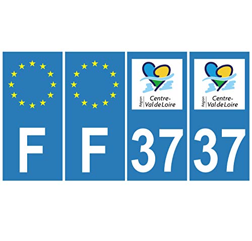 Supstick 4 Stickers Autocollants Plaques Immatriculation Auto Dept 37 Centre Val de Loire Bleu Clair Angles Carrés