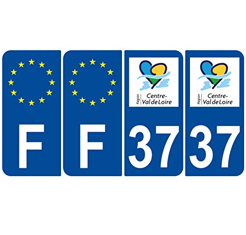 Supstick 4 Stickers Autocollants Plaques Immatriculation Auto Dept 37 Centre Val de Loire Bleu Foncé Angles Arrondis
