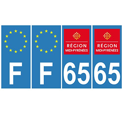 Supstick 4 Stickers Autocollants Plaques Immatriculation Auto Dept 65 Midi Pyrénées Bleu Clair Angles Carrés