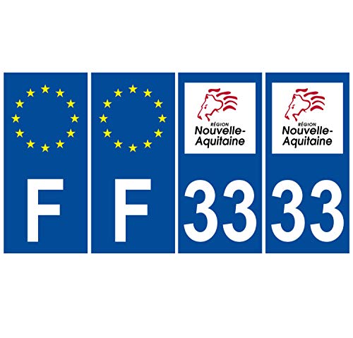 Supstick 4 Stickers Autocollants Plaques Immatriculation Auto Dept 33 Nouvelle Aquitaine Bleu Foncé Angles Carrés