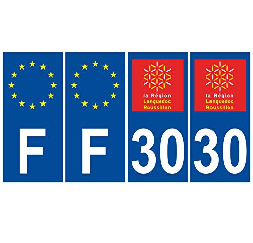 Supstick 4 Stickers Autocollants Plaques Immatriculation Auto Dept 30 Languedoc Roussillon Bleu Foncé Angles Carrés