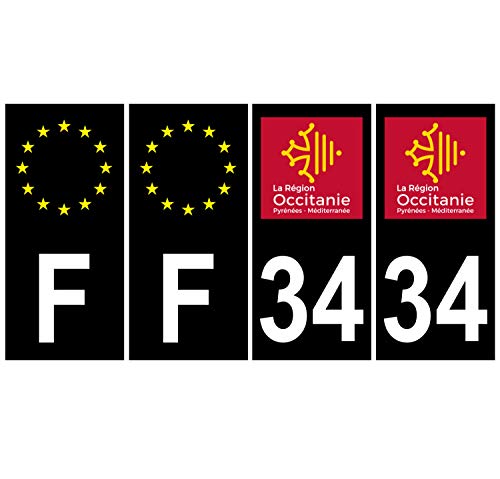 Supstick 4 Stickers Autocollants Plaques Immatriculation Auto Dept 34 Occitanie Noir Angles Carrés