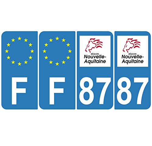 Supstick 4 Stickers Autocollants Plaques Immatriculation Auto Dept 87 Nouvelle Aquitaine Bleu Clair Angles Arrondis