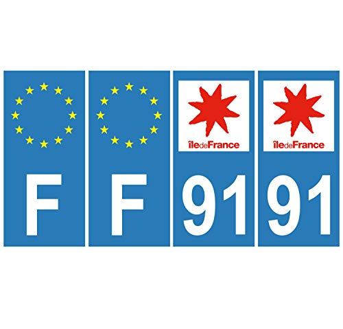 Supstick 4 Stickers Autocollants Plaques Immatriculation Auto Dept 91 Ile de France Bleu Clair Angles Carrés