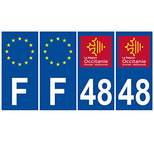 Supstick 4 Stickers Autocollants Plaques Immatriculation Auto Dept 48 Occitanie Bleu Foncé Angles Carrés