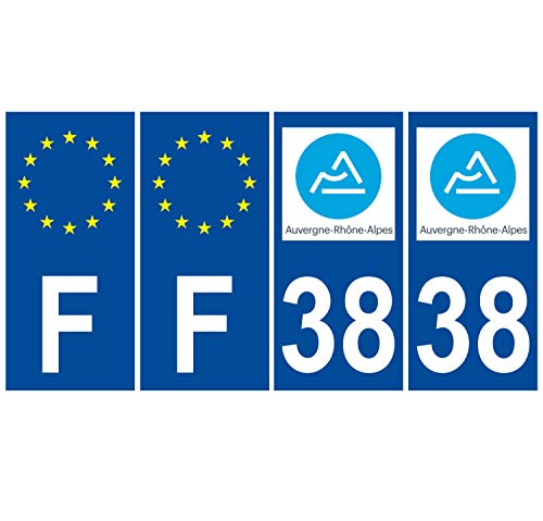 Supstick 4 Stickers Autocollants Plaques Immatriculation Auto Dept 38 Auvergne Rhône Alpes Bleu Foncé Angles Carrés