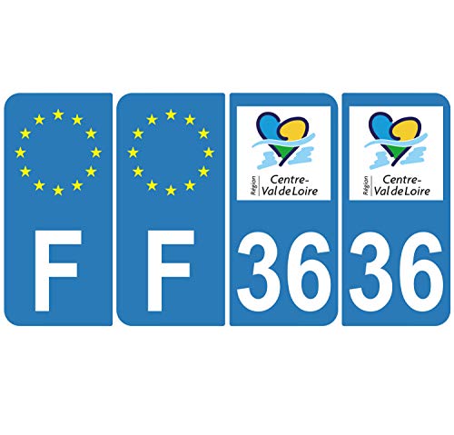 Supstick 4 Stickers Autocollants Plaques Immatriculation Auto Dept 36 Centre Val de Loire Bleu Clair Angles Arrondis