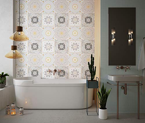 Planche de 4 Adhésif Carrelage - décoration de carreaux - 44 pièces plastifié en mat - mosaïque fleurs grises - format 10x10cm par pièce
