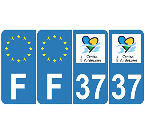 Supstick 4 Stickers Autocollants Plaques Immatriculation Auto Dept 37 Centre Val de Loire Bleu Clair Angles Arrondis