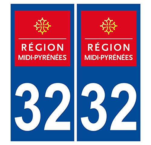 Supstick 2 Stickers Autocollants Plaques Immatriculation Auto Dept 32 Midi Pyrénées Bleu Foncé Angles Carrés