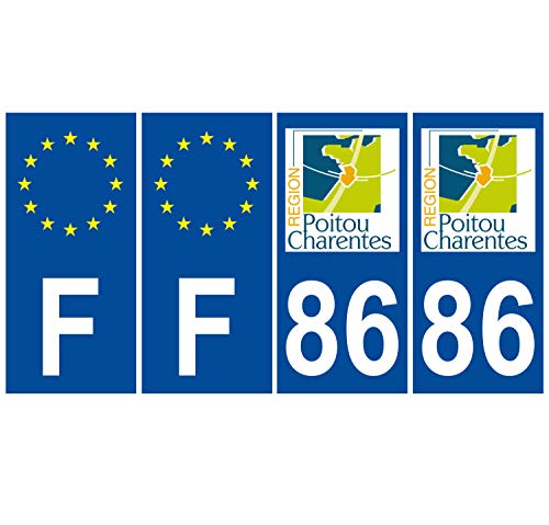 Supstick 4 Stickers Autocollants Plaques Immatriculation Auto Dept 86 Poitou Charentes Bleu Foncé Angles Carrés