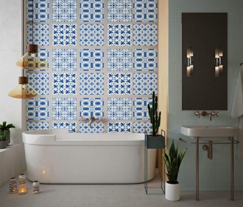 Planche de 4 Adhésif Carrelage - décoration de carreaux - 40 pièces plastifié en mat - mosaïque style porcelaine bleu - format 30x30cm par pièce
