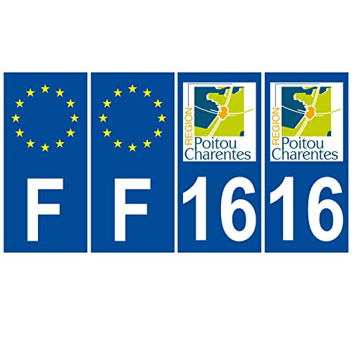 Supstick 4 Stickers Autocollants Plaques Immatriculation Auto Dept 16 Poitou Charentes Bleu Foncé Angles Carrés