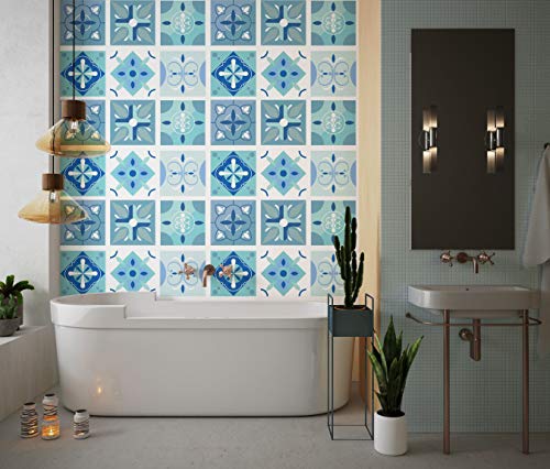 Planche de 6 Adhésif Carrelage - décoration de carreaux - 30 pièces plastifié en mat - mosaïque nuances de bleu et turquoise - format 15x15cm par pièce