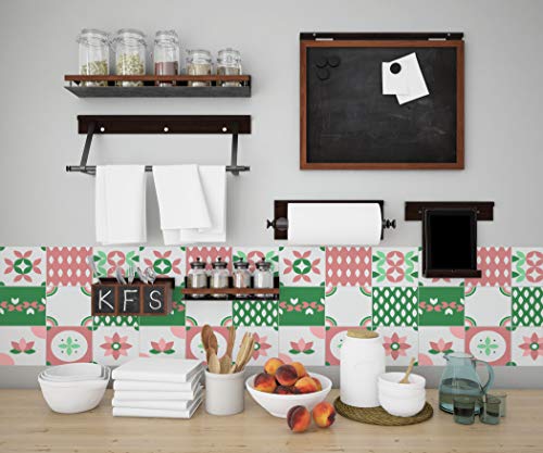 Planche de 9 Adhésif Carrelage - décoration de carreaux - 45 pièces plastifié en mat - mosaïque rose et vert - format 10x10cm par pièce