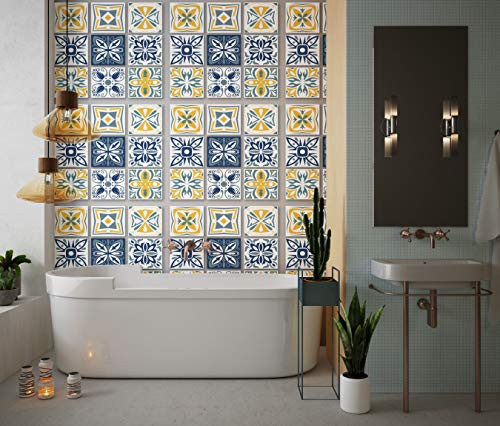 Planche de 9 Adhésif Carrelage - décoration de carreaux - 63 pièces plastifié en mat - mosaïque nuances de jaune et blanc - format 15x15cm par pièce