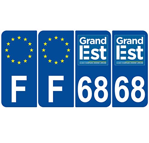 Supstick 4 Stickers Autocollants Plaques Immatriculation Auto Dept 68 Grand est Bleu Foncé Angles Arrondis