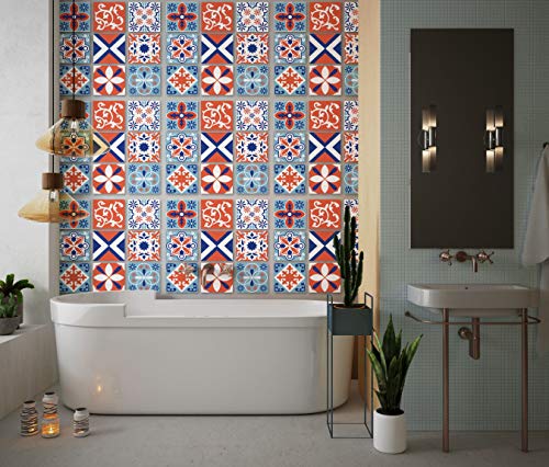Planche de 9 Adhésif Carrelage - décoration de carreaux - 18 pièces plastifié en mat - mosaïque nuances de bleu et orange - format 30x30cm par pièce