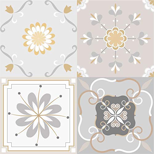 Planche de 4 Adhésif Carrelage - décoration de carreaux - 44 pièces plastifié en mat - mosaïque fleurs grises - format 25x25cm par pièce