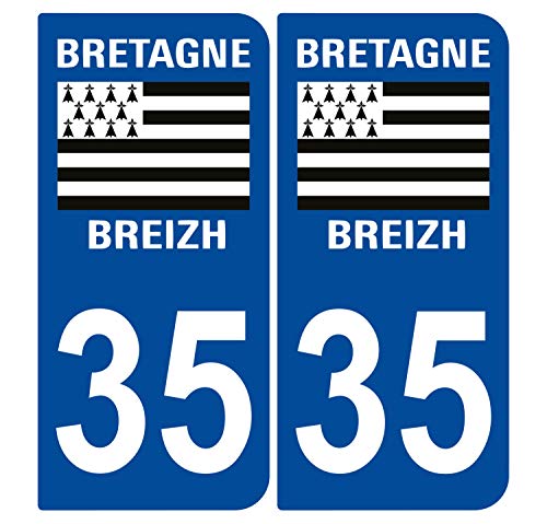 Supstick 2 Stickers Autocollants Plaques Immatriculation Auto Dept 35 Bretagne Breizh Bleu Foncé Angles Arrondis