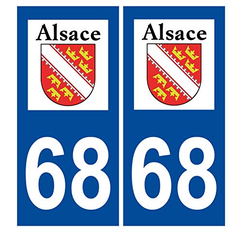 Supstick 2 Stickers Autocollants Plaques Immatriculation Auto Dept 68 Alsace Blason Bleu Foncé Angles Carrés