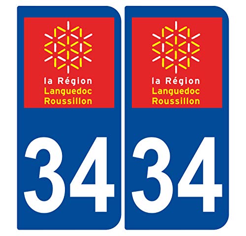Supstick 2 Stickers Autocollants Plaques Immatriculation Auto Dept 34 Languedoc Roussillon Bleu Foncé Angles Arrondis