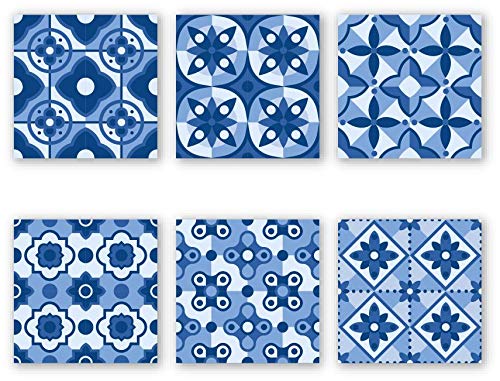 Planche de 6 Adhésif Carrelage - décoration de carreaux - 48 pièces plastifié en mat - mosaïque nuances de fleurs bleu - format 10x10cm par pièce