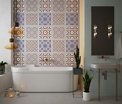 Planche de 4 Adhésif Carrelage - décoration de carreaux - 52 pièces plastifié en mat - mosaïque nuances de fleurs bleu et jaune - format 20x20cm par pièce