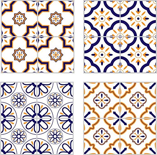 Planche de 4 Adhésif Carrelage - décoration de carreaux - 52 pièces plastifié en mat - mosaïque nuances de fleurs bleu et jaune - format 20x20cm par pièce