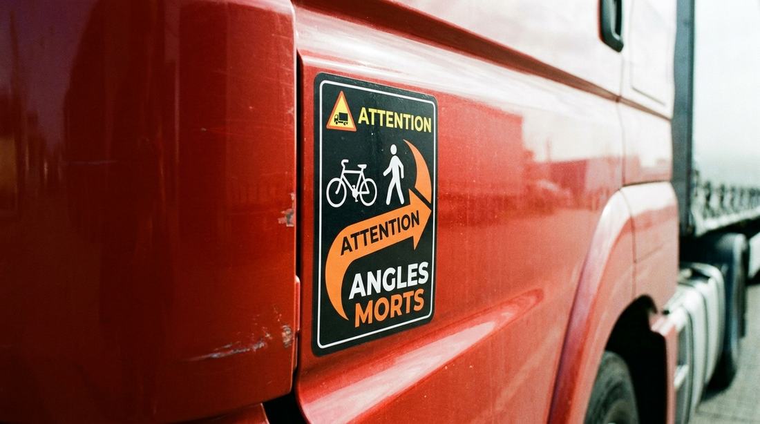 Autocollant Attention Angles Morts apposé sur le flanc d’un camion rouge