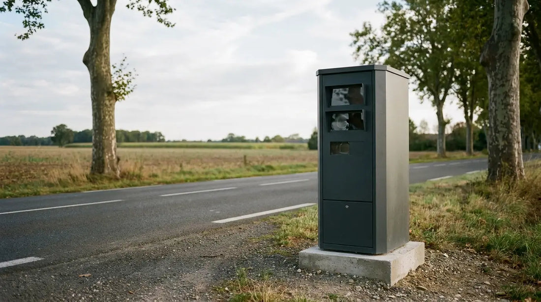 Radar automatique fixe en bord de route de campagne française, en plein jour : le type de contrôle qu'aucun autocollant anti radar ne peut déjouer