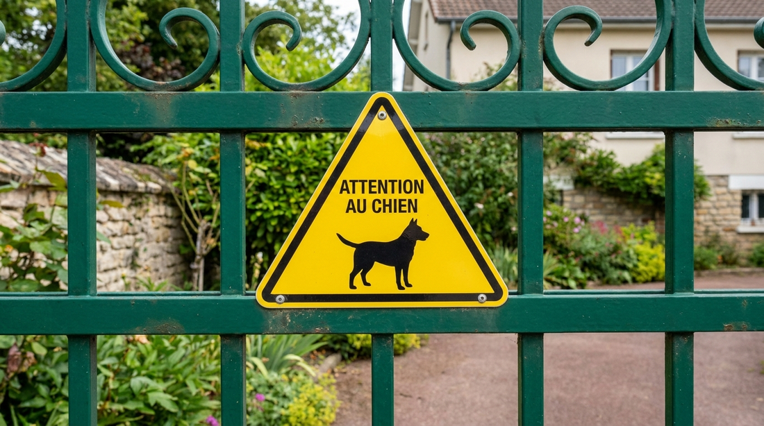 Autocollant triangulaire jaune Attention au chien apposé sur un portail vert de propriété